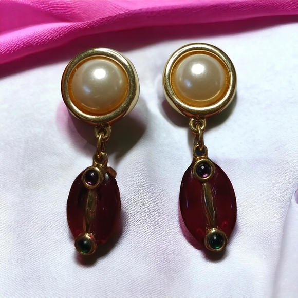 Swarovski Crystal and Pearl clip-on earrings multicolor Goldtone - Picture 3 of 6
